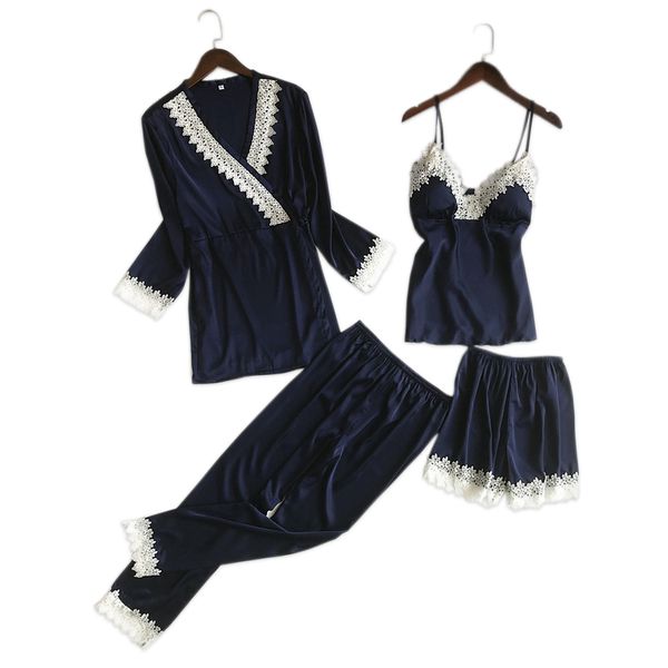 

korea elegance lace satins silk 4-piece suit pajamas sets women long sleeve silky pyjamas shorts women pijamas homewear, Black;red