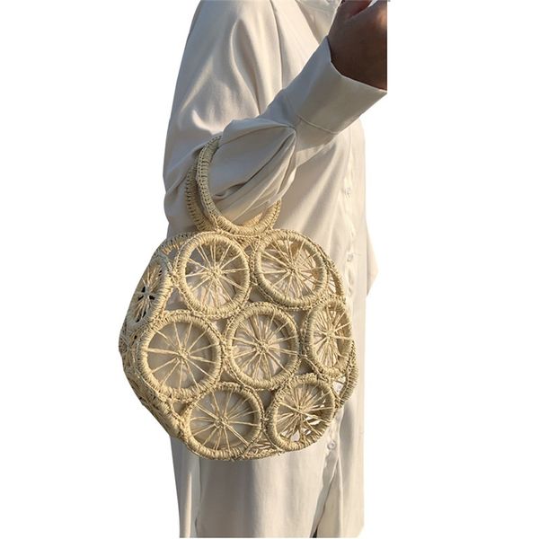 

women round hollow-out beach boho handbag vintage rattan straw bag with handles fashion beach bag