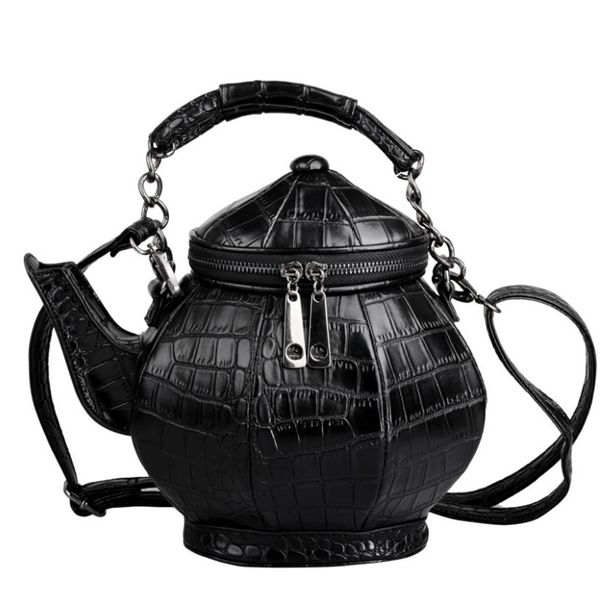 

personalized teapot shape shoulder bag leather handbag women funny gothic party bag black fashion kettle female messenger bags