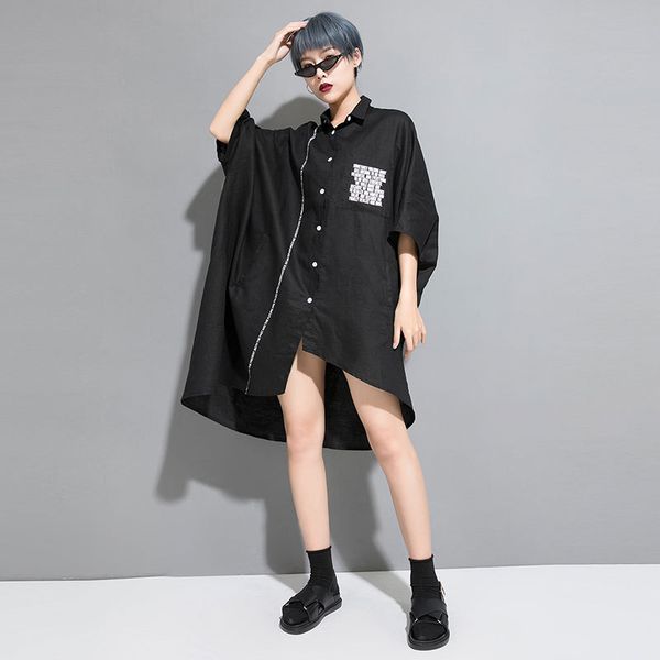 

women bat short sleeve oversized loose black white print shirt dress female streetwear punk gothic irregular blouses cardigan