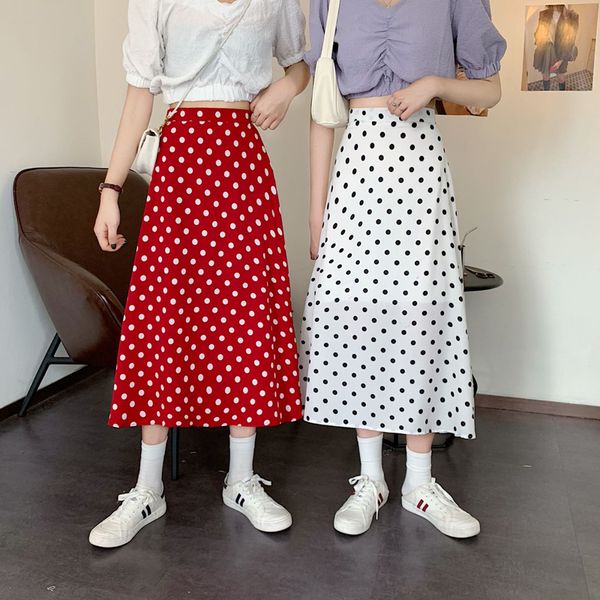 

2020 summer women skirt korean streetwear vintage polka dot faldas slim high waist a line chiffon long skirt black white red