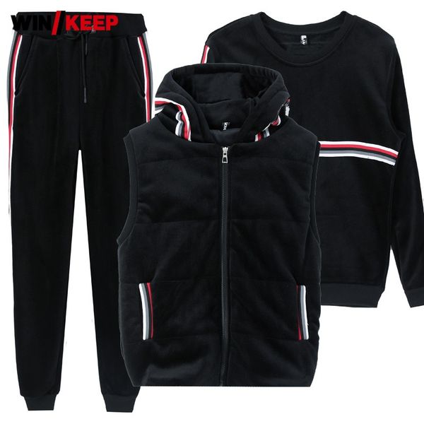 

autumn winter warm tracksuit men lovers sports suit striped long sleeve sweatshirt elastic waist pants hooded vest 3 piece set, Black;blue