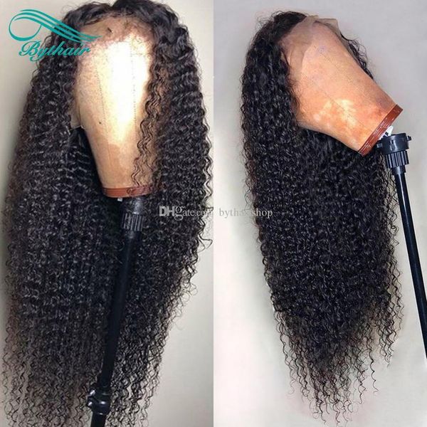 

bythair human hair lace wig kinky curly pre plucked hairline lace front wig curly full lace wig brazilian virgin hair 150% density glueless, Black;brown