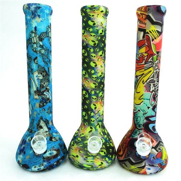 

13.5" Silicone Beaker Bong Glow In The Dark Cool Printed Smoking Water Pipes for Wax Oil Dab Dry Herb Tobacco with Accesory Glass Bowl