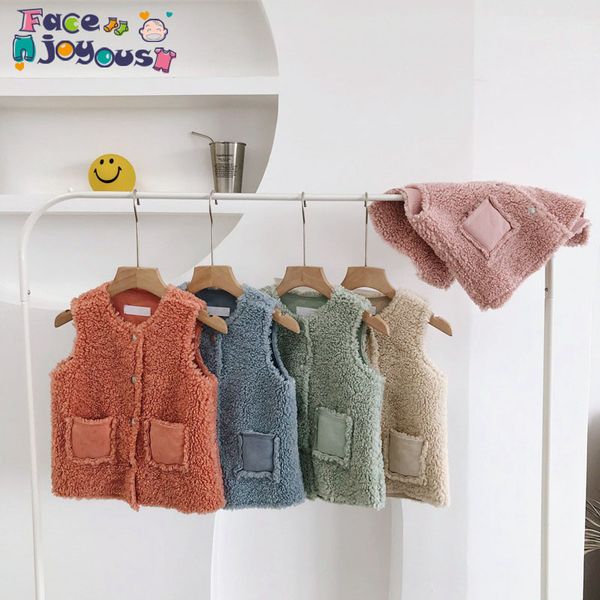 

2019 autumn winter children's lamb velvet fabric vest girls pocket jacket style kids boys coat baby waistcoats, Blue
