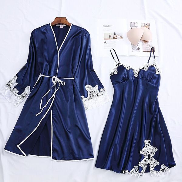 

women's robe & gown two sets 2 pieces bathrobe + mini night dress sleepwear womens summer night gown sleep set faux silk, Black;red