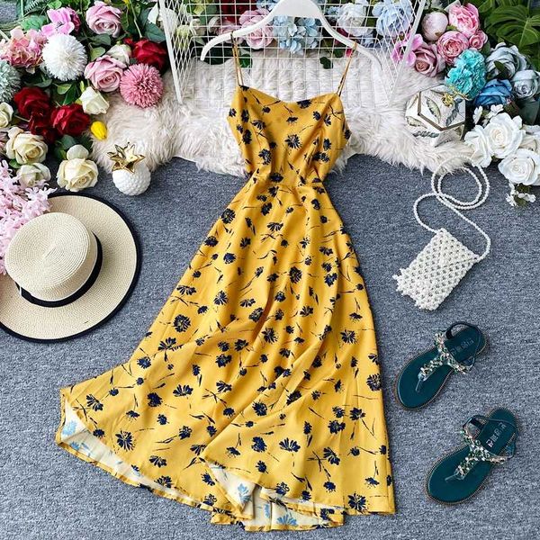 

2020 v-neck open back spaghetti strap midi dress women summer vestidos yellow floral print party beach dress for female new, Black;gray