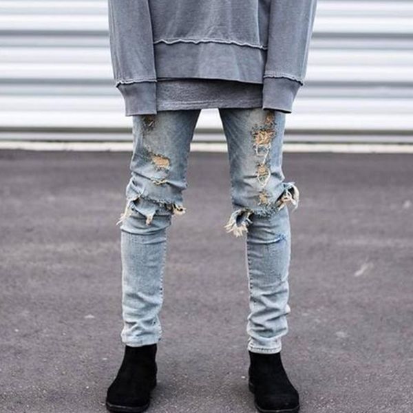 

new west represent ripped jeans knife valgus knee destroyed large hole stretch slim skinny hip-hop fashion men jeans, Blue
