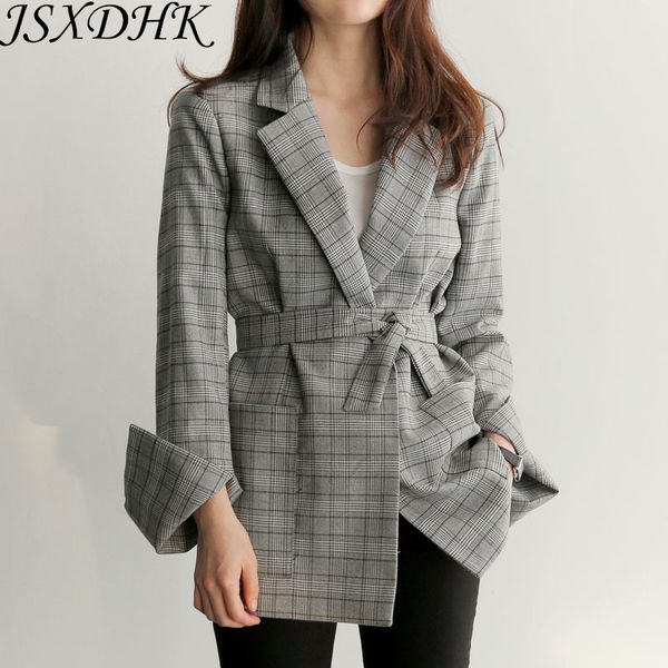 

jsxdhk new 2019 fashion women jackets coat vintage autumn winter gray plaid office ladies sashes split sleeve work outerwear, Black;brown
