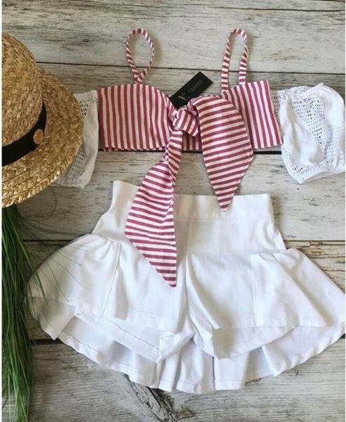 

2pcs toddler baby girl summer clothes crop striped vest tuxedo shorts outfit, White
