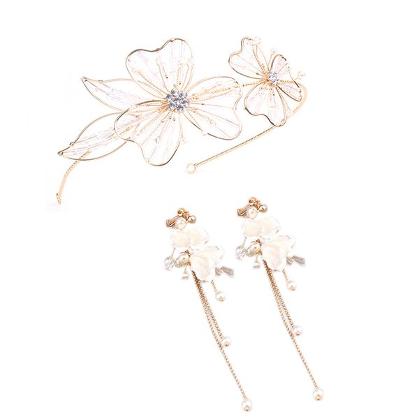 

fashion beaded headband hair jewelry gold color alloy flower headdress engagement pgraphy headpiece with long drop ear cli, Golden;white