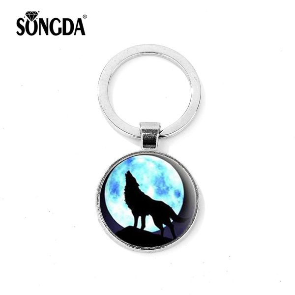 

songda fashion wolf moon keychain full moon vintage aggressive wolf jewelry pendant glass cabochon keyring holder gifts for men, Silver