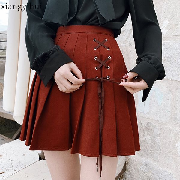

2019 gothic lolita skirt women ladies winter black red mini pleated ball gown autumn high waist red plaid short skirts, Black;gray