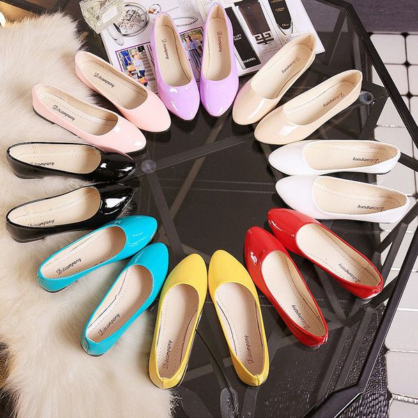 

patent leather shallow pointed toe flats loafers soft soled comfort lazy slip on ballet flats lady multi-color work espadrilles, Black