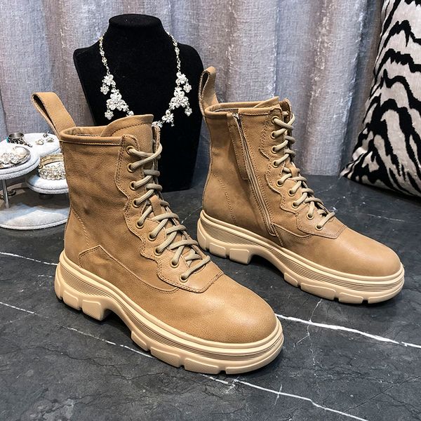 

winter ankle boots women motorcycle boots thick sole shoes woman casual short leather botas mujer lace up zapatos de mujer, Black