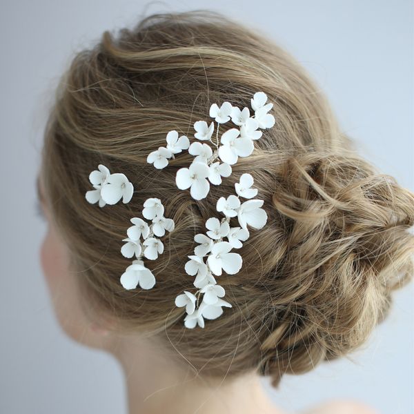 

porcelain flower bridal hair combs pins set antique silver fashion wedding headpiece handmade women hair ornament jewelry, Golden;white