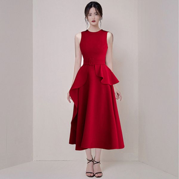 

2020 summer women temperament slim ruffles high waist belt female sleeveless vest red mid-calf party dress vestidos, Black;gray