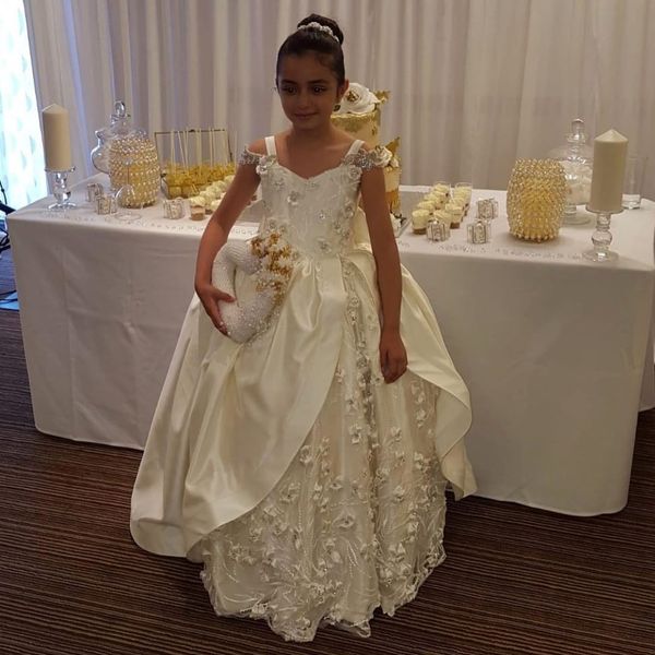 

ivory princess lace ball gown flower girl dresses for wedding v neck beaded pageant gowns floor length overskirt satin first communion dress, White;blue