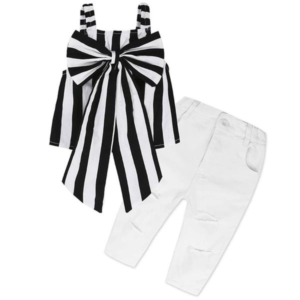 

2 pcs toddler kids girl clothes set sleeveless stripe bow tanks and ripped pant outfits set for toddler girl clothing, White