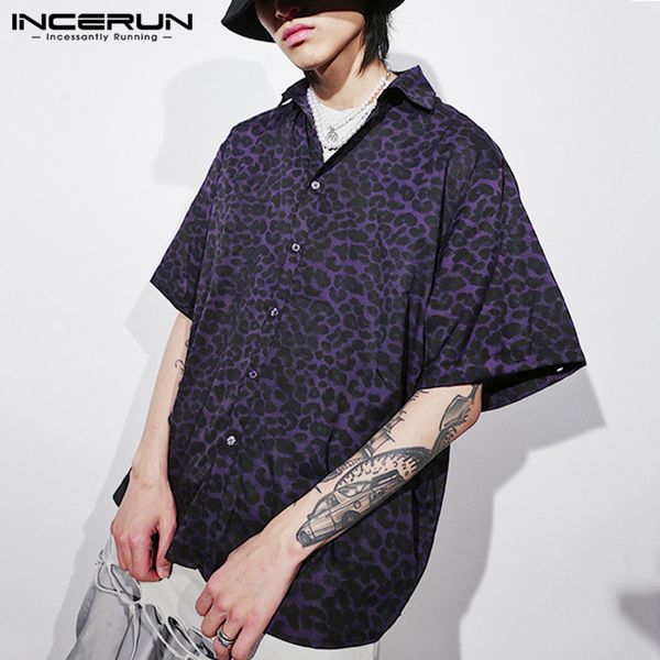 

fashion leopard print men shirt short sleeve summer lapel streetwear casual hawaiian shirts 2020 loose camisa incerun s-5xl 7, White;black