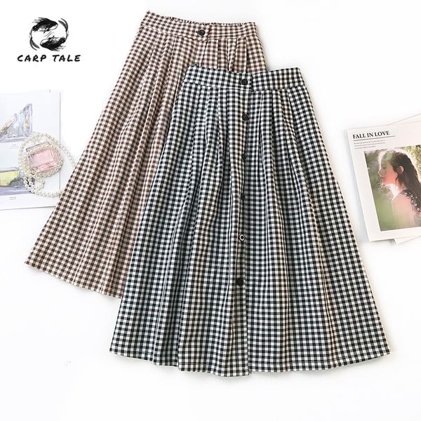 

spring and summer korea new single-breasted retro literary plaid skirt female wild long a word skirt high waist umbrella, Black