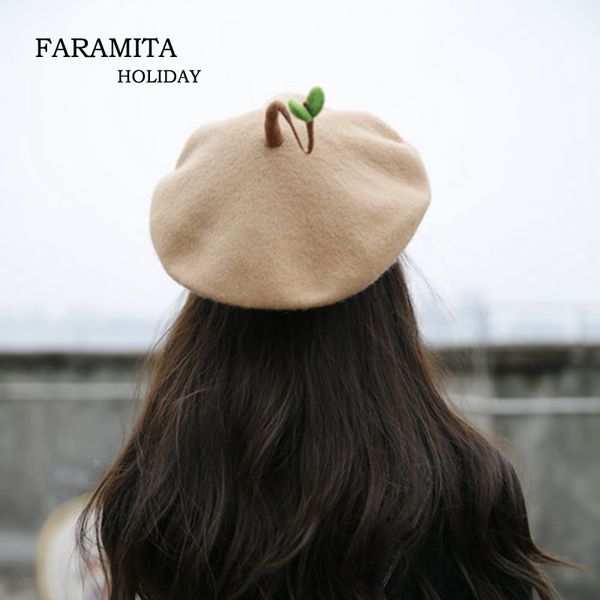 

faramita holiday bean sprouts plants wool felt women girls boys kids 4 color berets hand-made spring cute soft round child hats, Blue;gray
