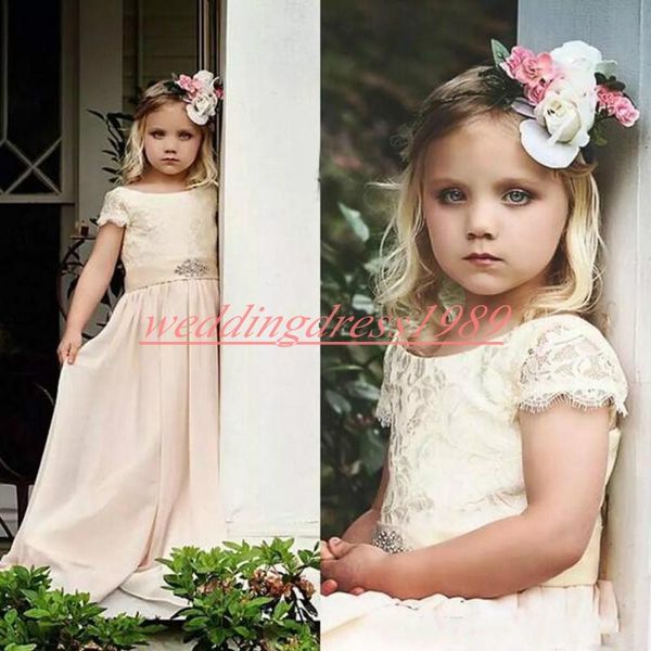 Garden Chiffon Sash Lace Flower Girls 'Vestidos A linha de vestidos de aniversário formal Vestidos Primeira Comunhão Vestidos Crianças Tutu Pageant Para O Casamento