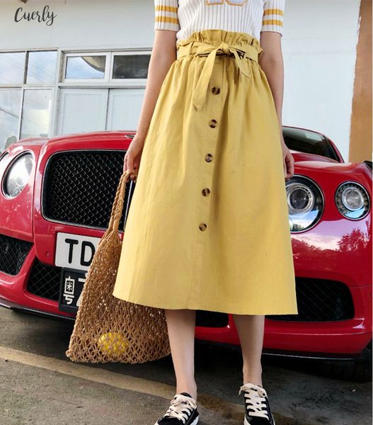

spring summer skirts womens 2020 midi knee length korean elegant button high waist skirt female pleated school skirt, Black