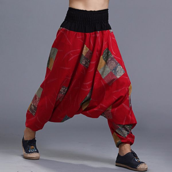 

india nepal loose linen pants comfortable casual baggy cotton linen trousers men soft natural flax pattern pants elastic waist, Black