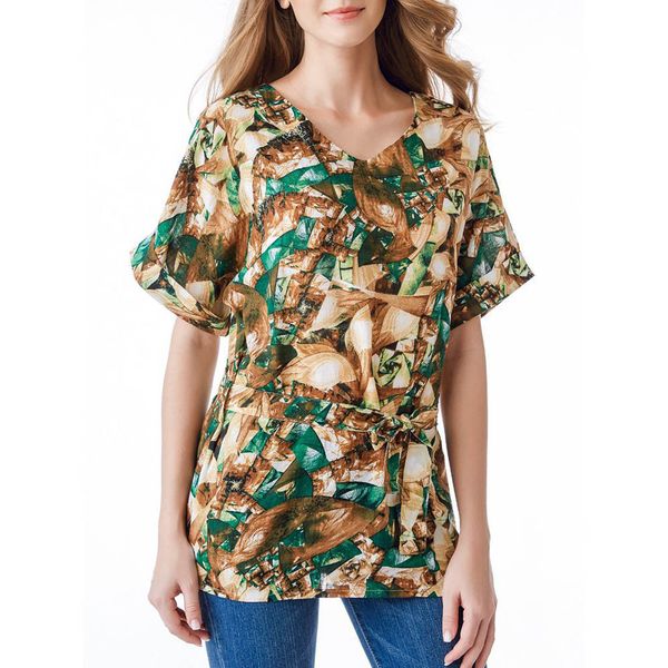 

летняя мода шифон лук блузка дамы свободные печати v-образным вырезом тройник топы женские женские рубашки с коротким рукавом blusas feminin, White