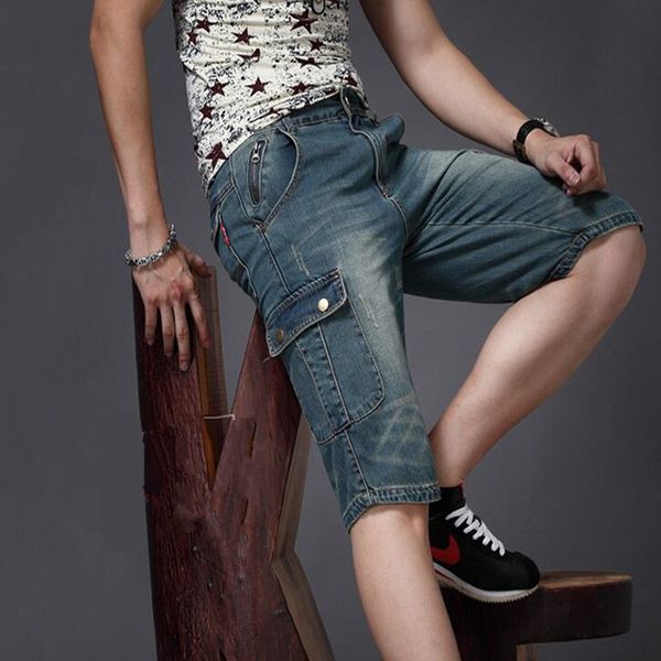 

men's jeans summer shorts denim straight multi-pocket baggy cargo trousers men cowboy bottoms, Blue