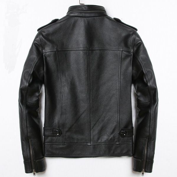 

stand collar genuine cow motorcycle leather jacket men slim zipper biker jacket casual black real leather coat male