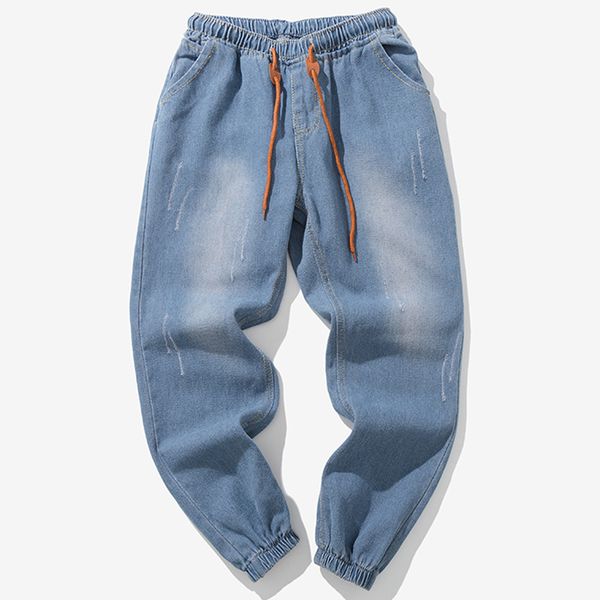 

men's casual autumn denim cotton vintage wash hip hop work trousers jeans pants w313, Blue