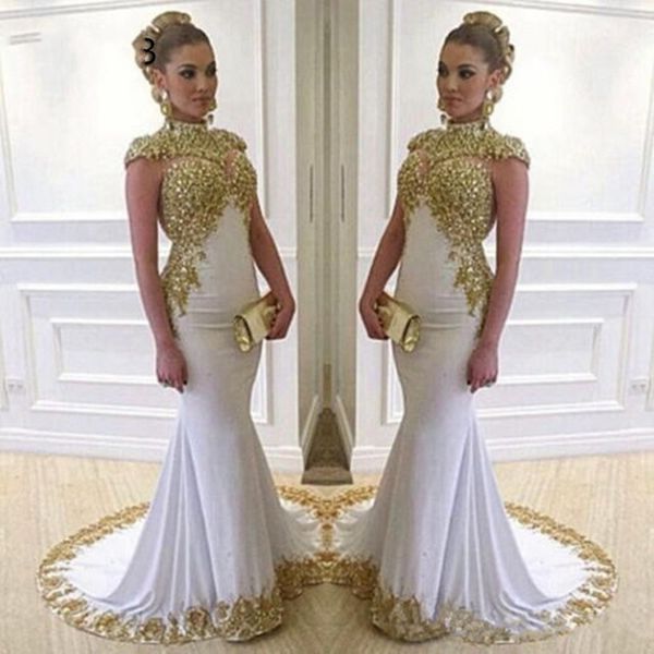 

vestidos muslim arabic evening dress long mermaid high neck gold embroidery beads cap sleeves white formal prom evening gowns, White;black