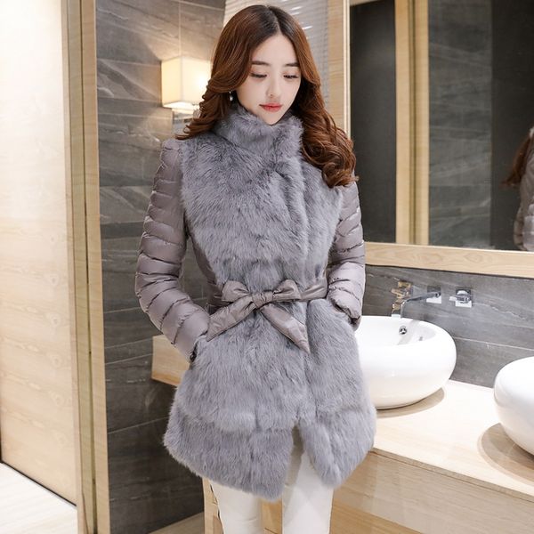 

2019 winter new stitching cotton long fur suit slim solid color standing collar cotton temperament commute jacket, Black