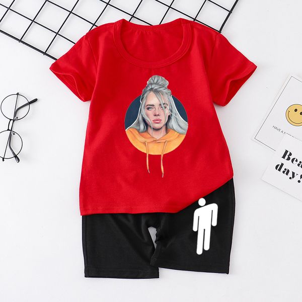 

teenager girls clothing billie eilish print boys girl summer sets kids t shirt+shorts 2pcs baby fashion print children t shirts, White