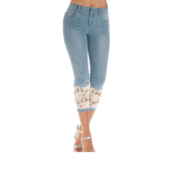 

plus size capris jeans for women high waist skinny jeans with lace leggings summer cropped women push up denim pencil pant, Blue