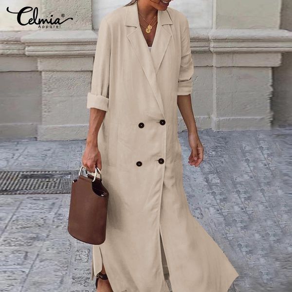 

s-5xl celmia women vintage linen dress long sleeve v-neck casual loose buttons female office elegant maxi vestidos plus size 7, Black;gray