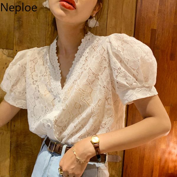 

women's blouses & shirts neploe lace blouse women korean chic solid v neck puff sleeve ladies blusa spring 2021 fashion casual female, White