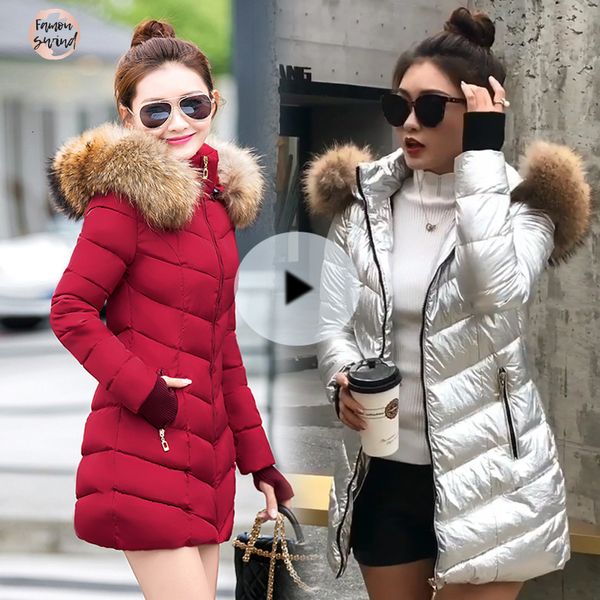 

теплая зима куртка женщин сгущает пальто женщины тонкий мода новый outwear вниз хлопок padded ложные fox меховой воротник пальто parka, Black