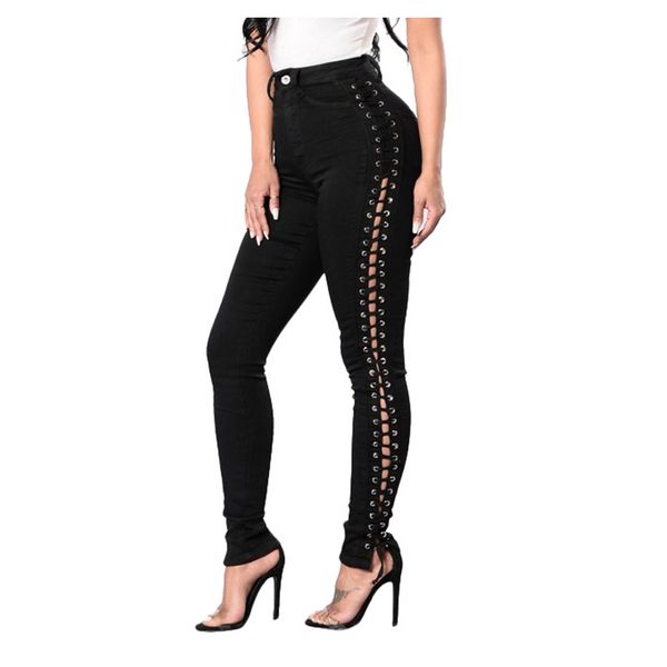 

fashion hollow out cross strap bandage women jeans skinny pencil pants 2018 lace up hole tight ripped jeans, Blue