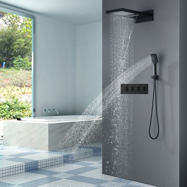 

bathroom black shower set rainfall waterfall showerhead panel thermostatic mixer valve tap faucets 304 stainless steel shower system