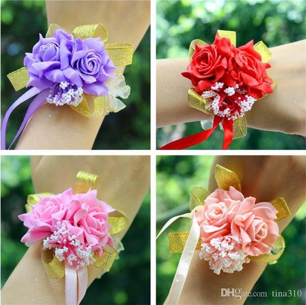 Hot venda imitação de casamento flor pulso dama de honra irmãs pulso buquê de casamento Decoração nupcial Prom Mão flor T3I0008