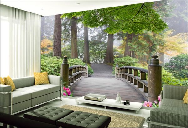 

3d room wallpaper custom p non-woven mural tree-lined road wooden bridge peony forest scenery tv background wall wallpaper for walls 3 d