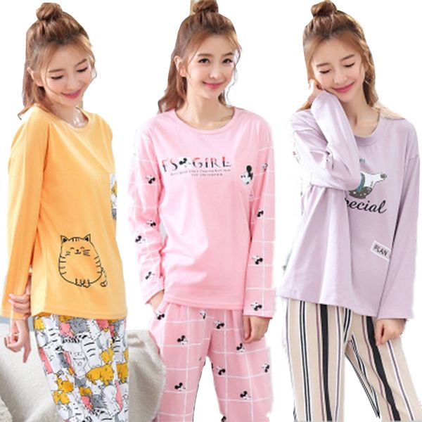 

2019 new 100 % cotton fashion pyjama set female sweet pajama set home women sleepwear long sleeve loose, Blue;gray