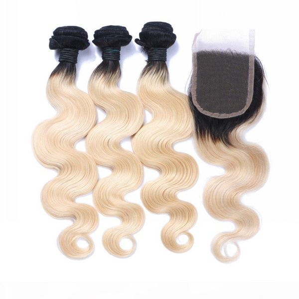 

brazilian 1b 613 body wave blonde ombre human hair weaves 4bundles with closure middle 3 part double weft human hair extensions dyeable, Black