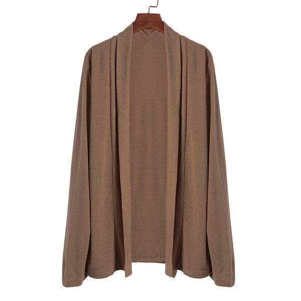 

mjartoria new fashion men's basic business casual solid color polyester slim long-sleeved lapel shawl shirt cardigan, Tan;black