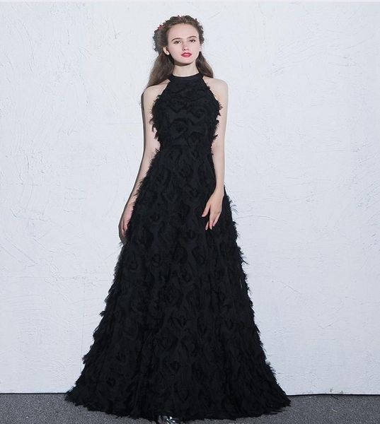 

long-sleeved formal evening dresses 2020 black white small round neck back zipper special fabric prom party dresses, Black;red