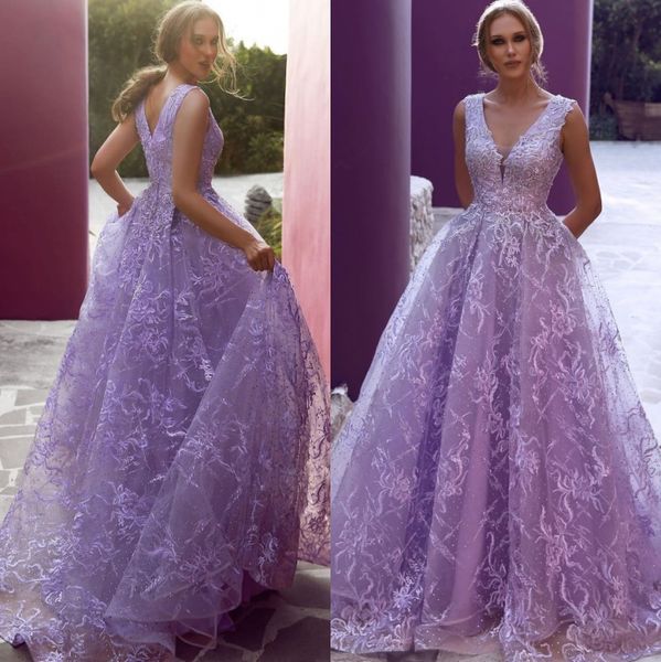 

lavender designer beaded lace prom dresses v neck appliqued party dress a line sweep train sequined plus size formal gowns, Black