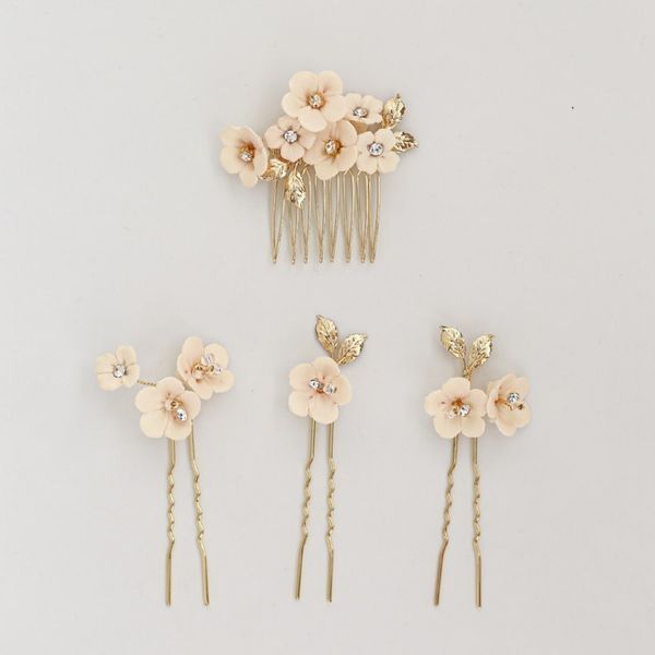 

фарфоровый цветок свадебные булавки свадебный гребень для волос лист головной убор женщины украшения для волос ручной работы партии выпускно, Golden;white
